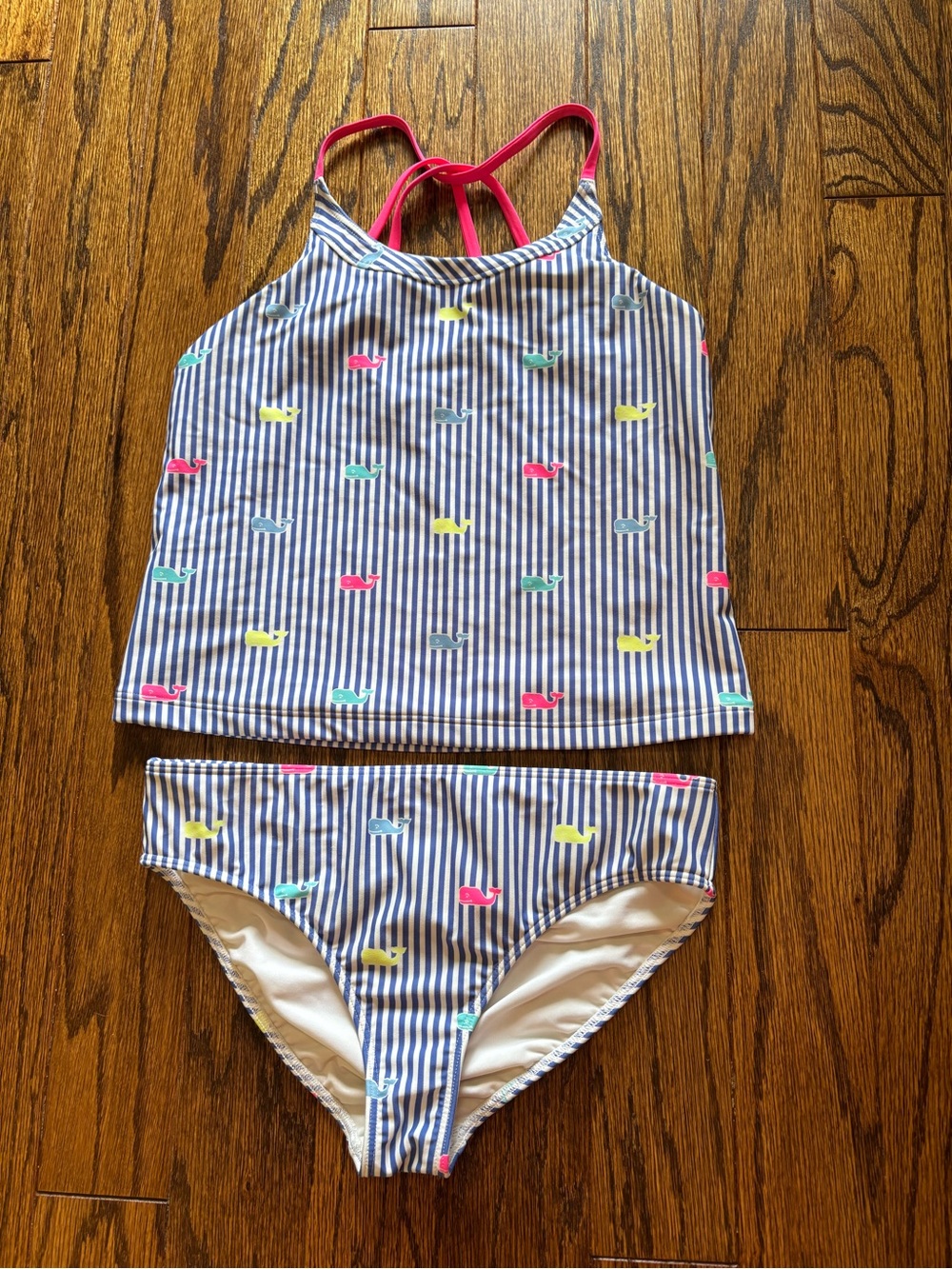 Vineyard Vines Girl’s Striped Whale Tankini Set with Pink Straps